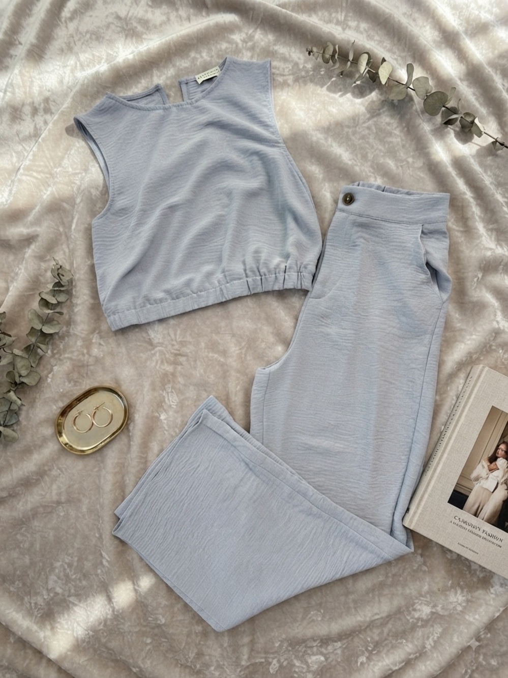 Women’s Light Blue Cropped Tank & High-Waist Pant Set